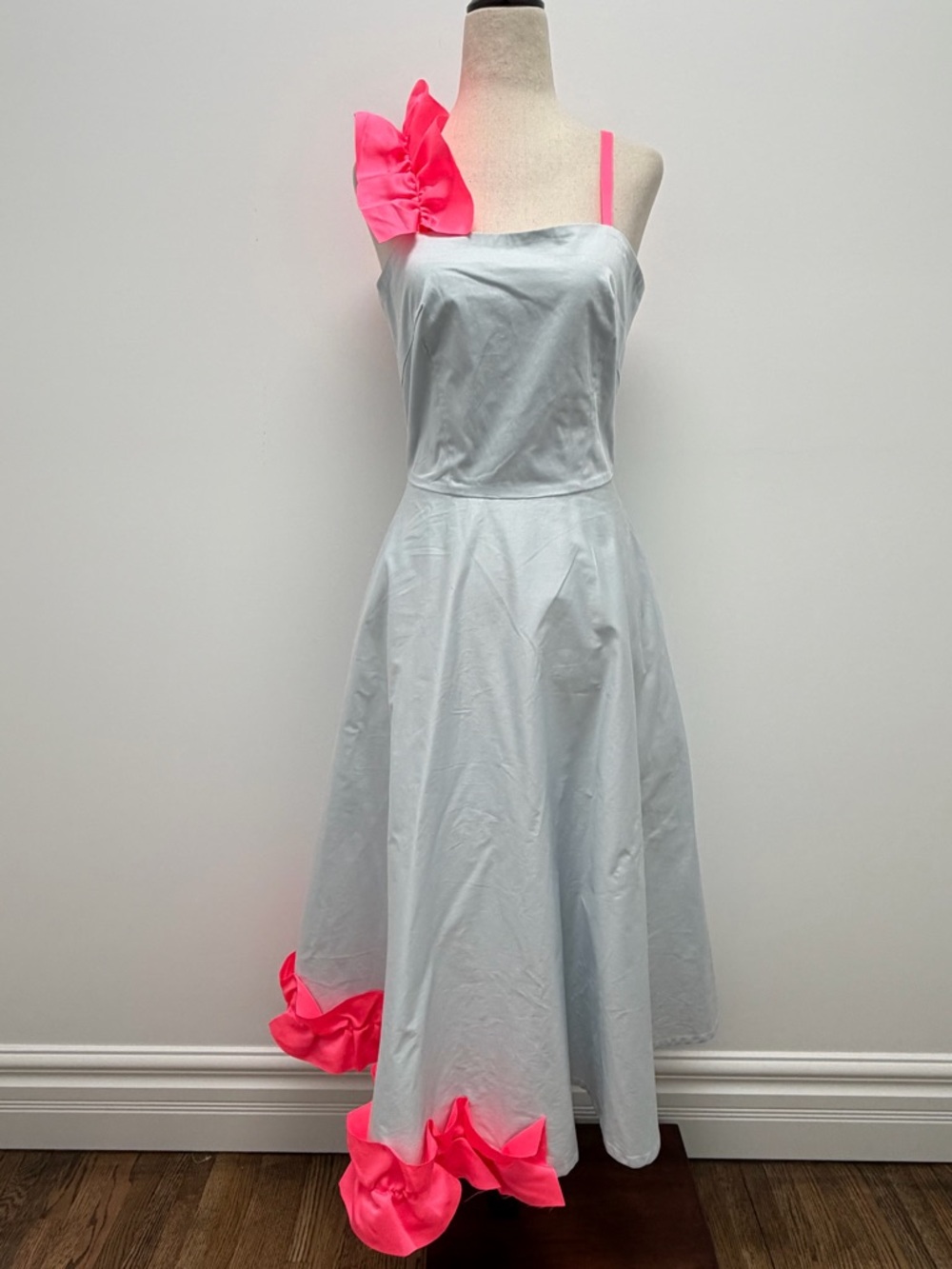 Paskal Ruffled Satin Trimmed Stretch Cotton Poplin Blue Pink Midi Dress X-Small - Picture 2 of 12